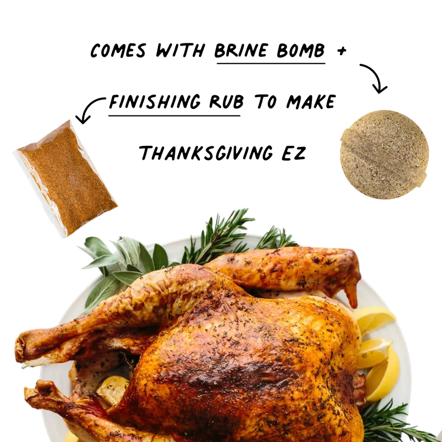The Brine Bomb and finishing rub beside a roasted turkey