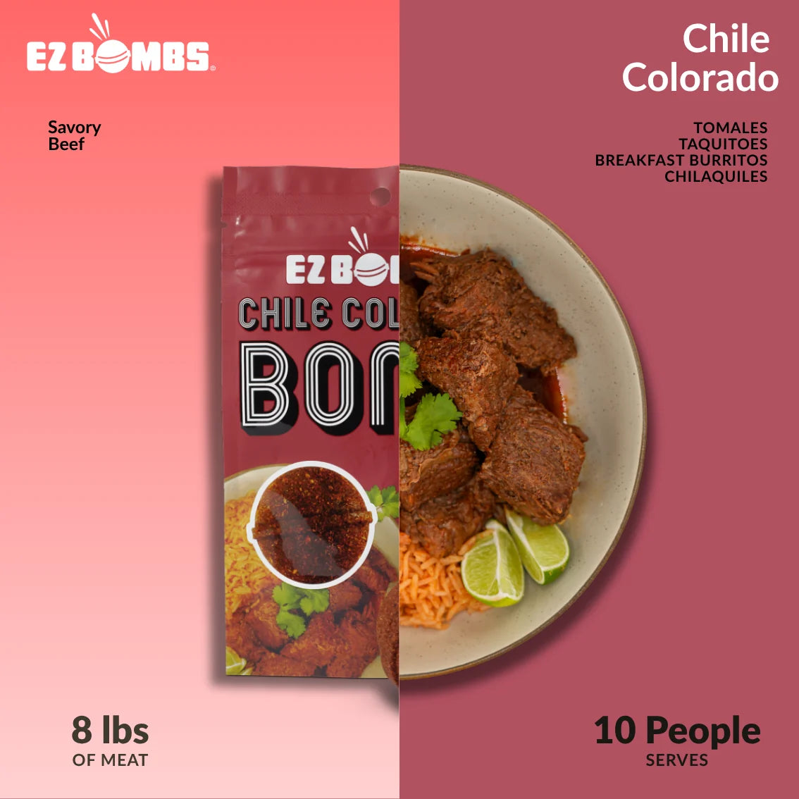 The Chile Colorado Bomb pack beside the chile colorado it makes