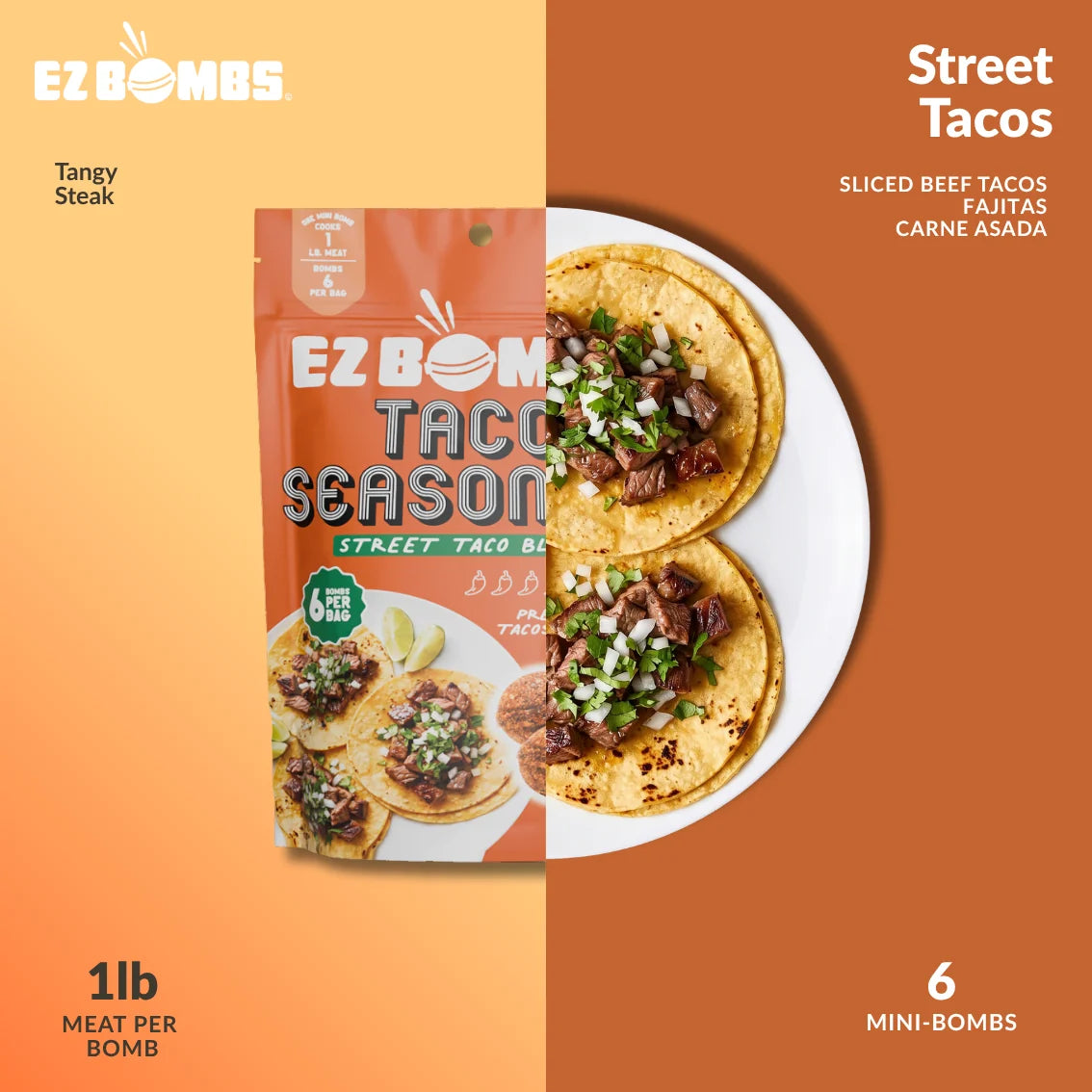 The Street Taco Blend pouch beside a plate of steak street tacos